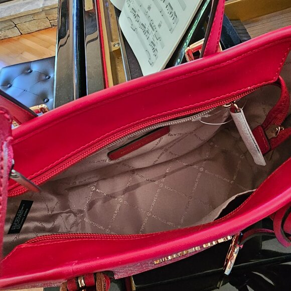 Michael Kors Jet Set Travel XS Carryall Tote Shoulder Bag MK Gold Signature Red - Picture 4 of 11